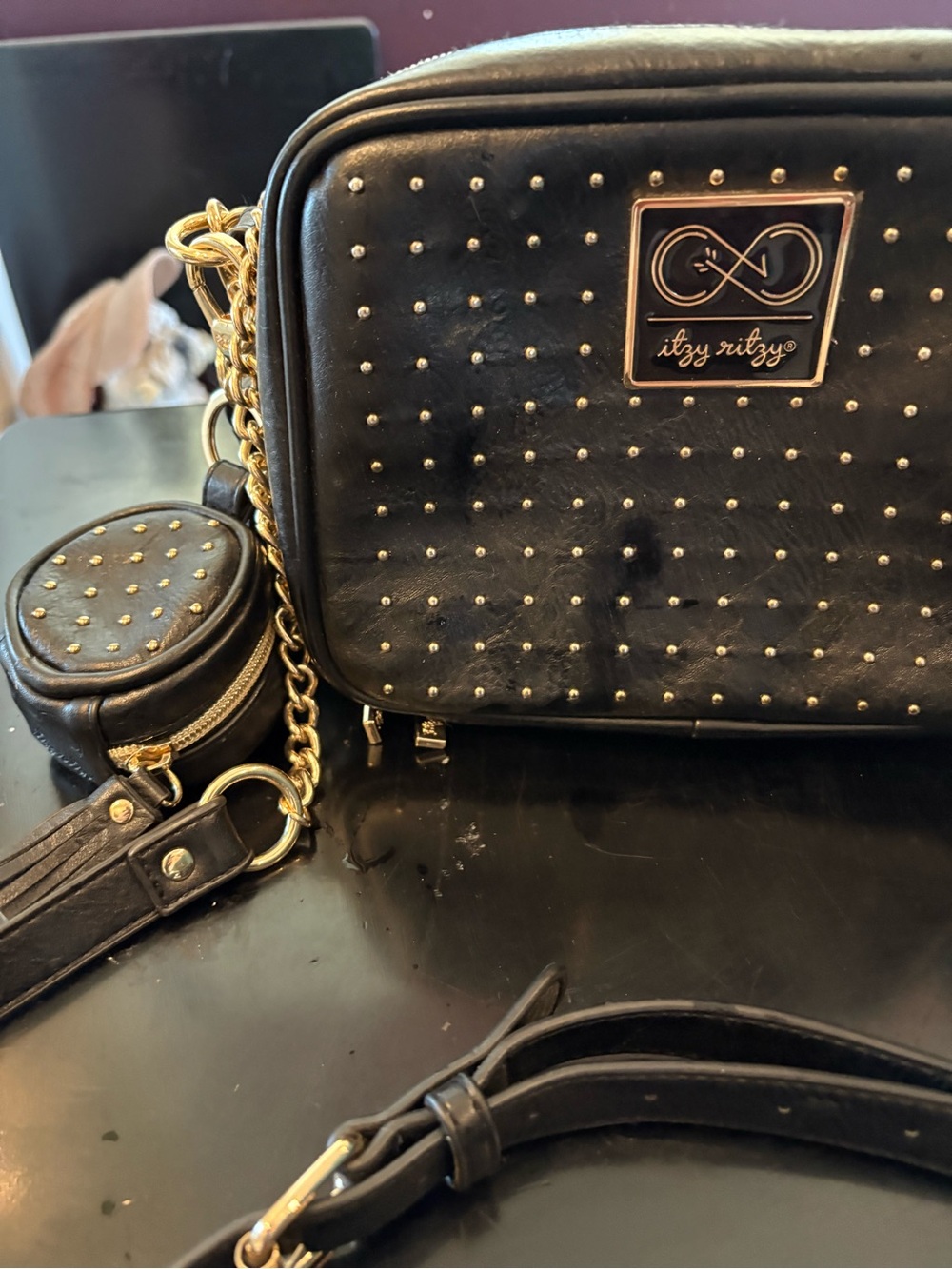 Itzy Ritzy Black Studded Crossbody Diaper Bag with Detachable Coin Pouch - Picture 3 of 14